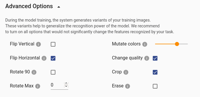 Image augmentation settings in Ximilar App platform for recognition model.