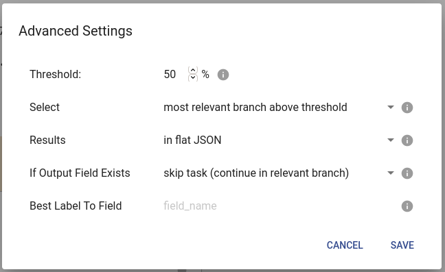 The advanced settings of a branch selector, enabling to skip a task of a flow.