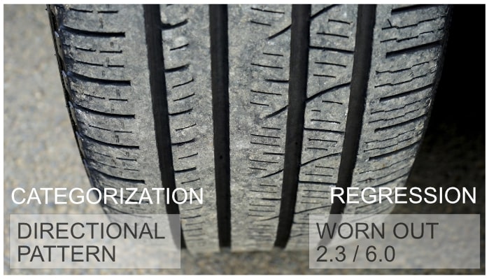 Predicting the level of tires worn out from the image is a use case for an image regression task, while a categorization task can recognize the pattern of the tire.