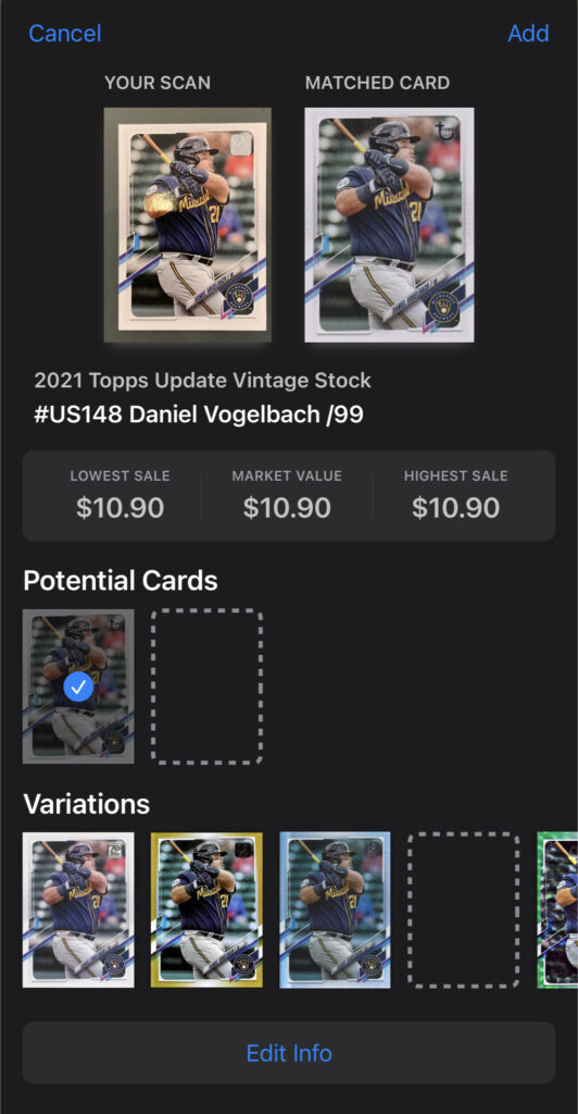 Sports card recognition app from Cardstock enables you to scan your card and match it with their database. You approve the identification or select the right match in the variations.