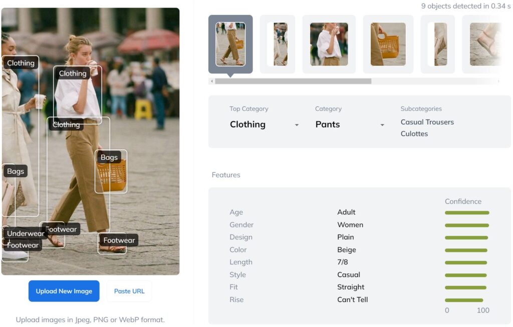 Automated fashion tagging relies on neural networks and deep learning techniques. The product attributes are only assigned with a certain level of confidence, highlighted in green in our demo.